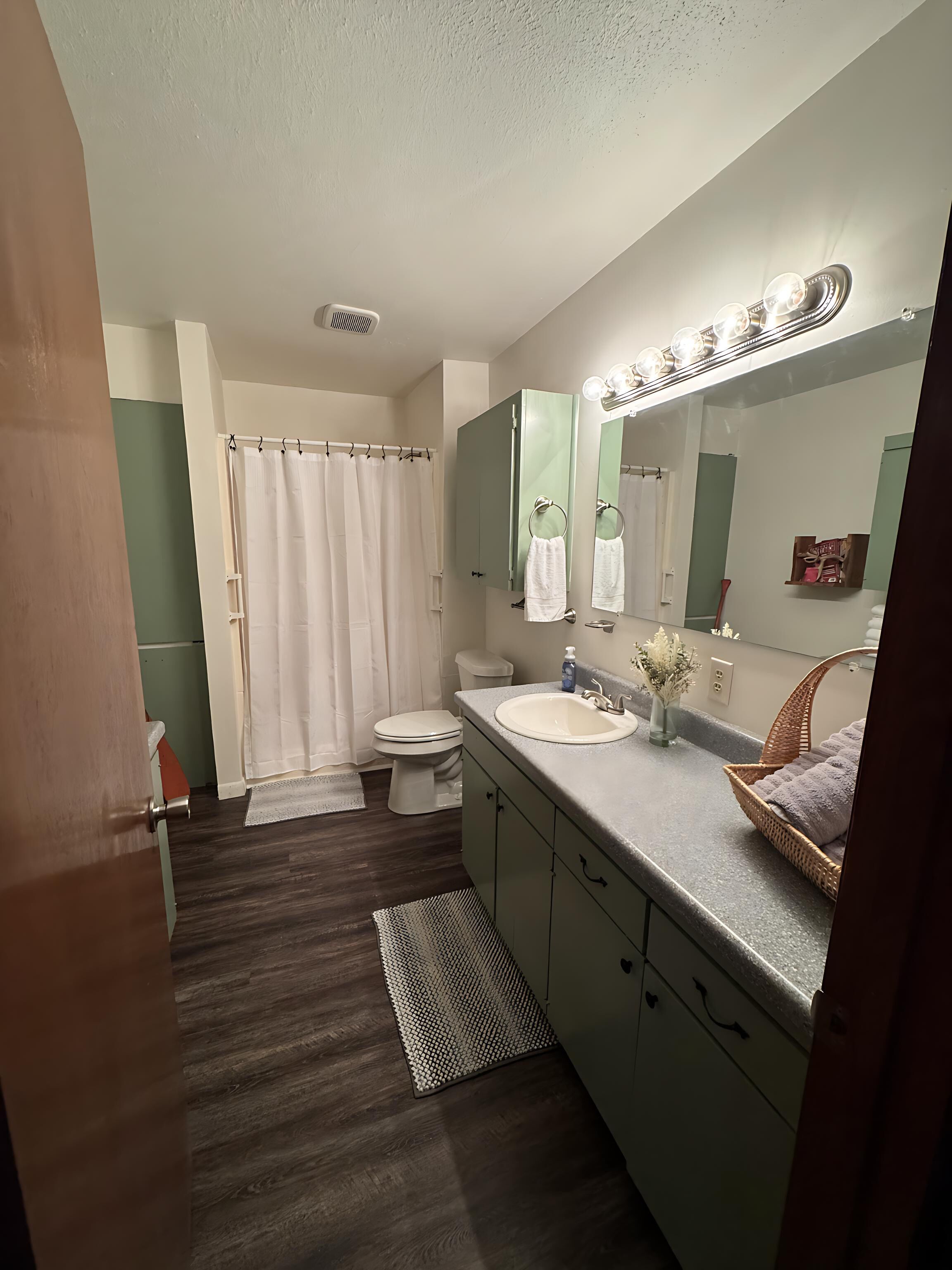 A bathroom with a shower, toilet, sink, and vanity.