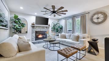 Smart TV, fireplace, video games, foosball