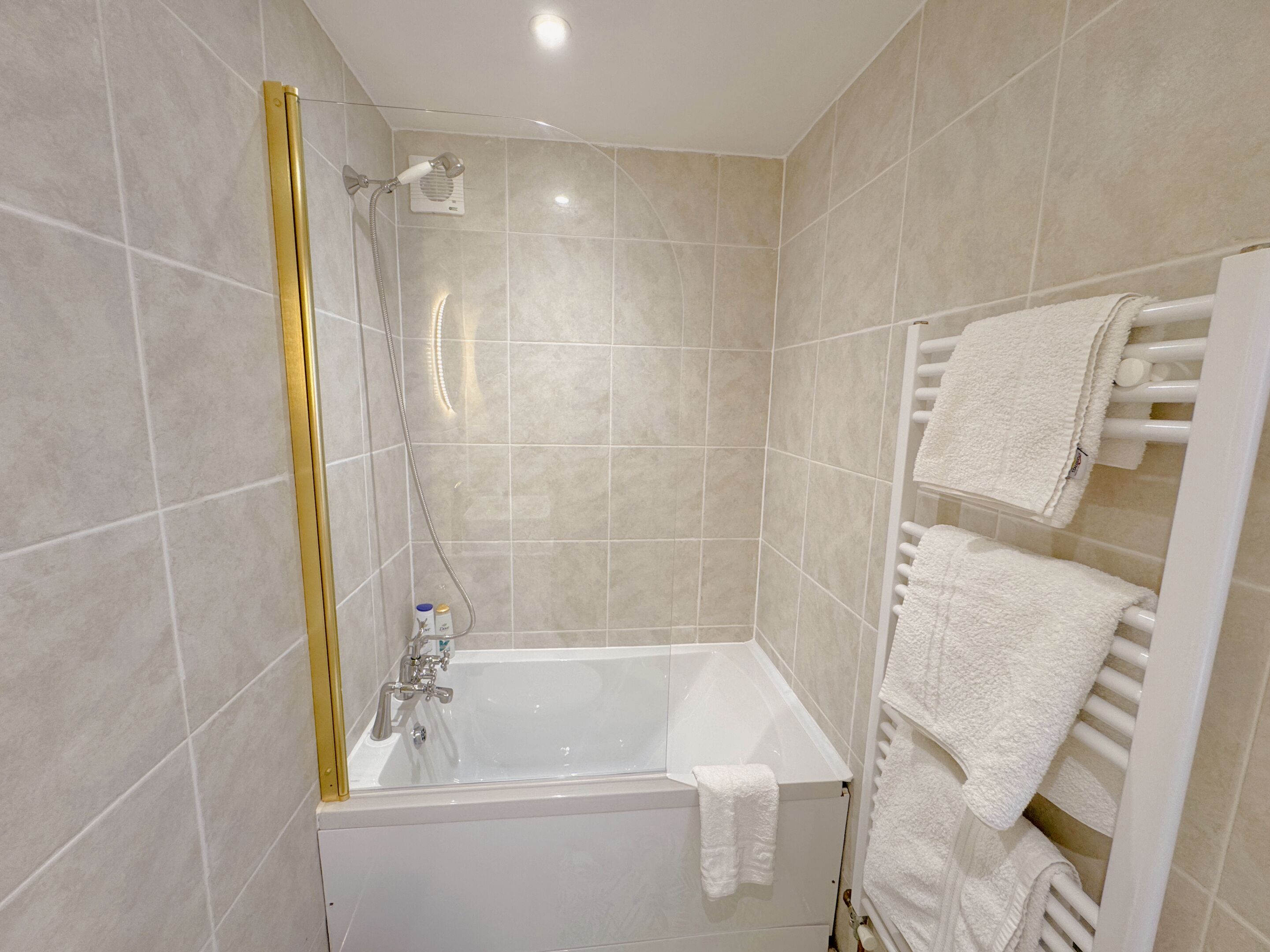 A modern bathroom with a bathtub, a shower, and a towel rack.