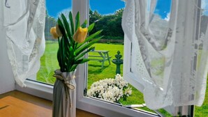 A window with white curtains, a vase with yellow flowers, and a view of a green lawn and white flowers outside. - The Evergreen hotel (Banbury)