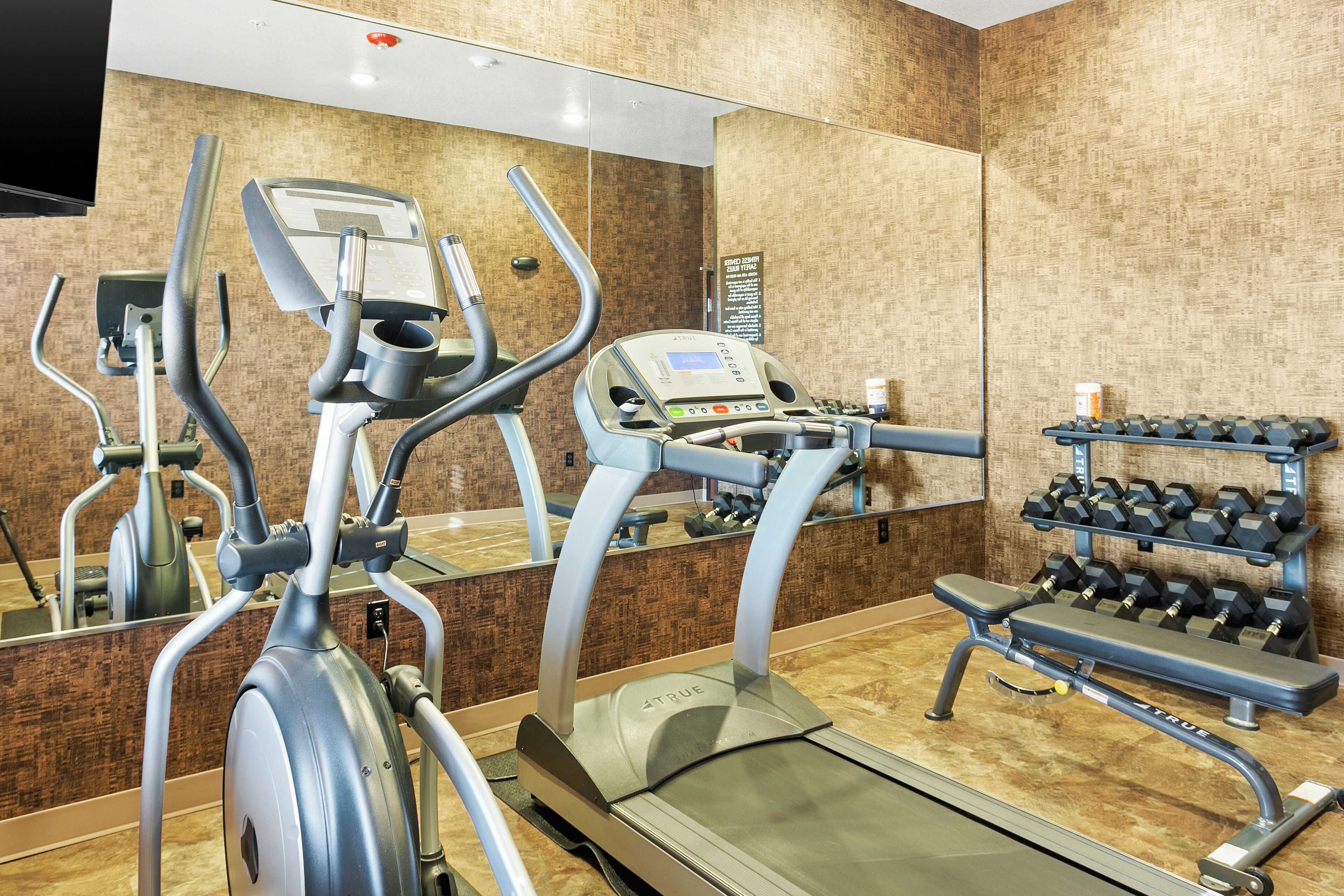 Un gimnasio con cintas de correr, elípticas y una prensa de pesas.