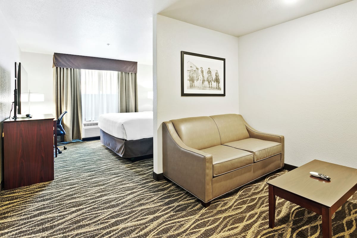 A hotel room with a bed, a sofa, a desk, and a framed picture on the wall.