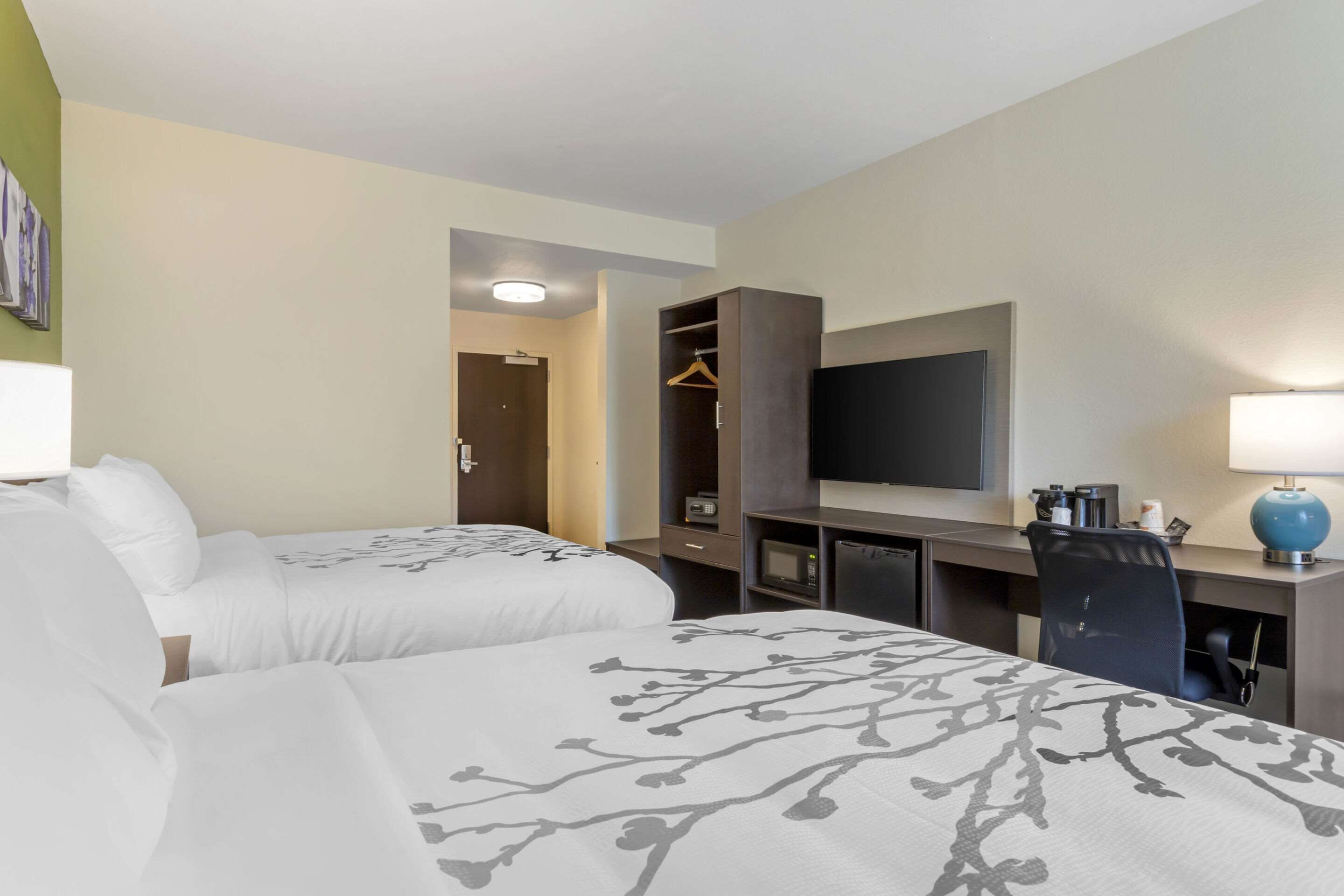 Une chambre d’hôtel avec deux lits, un bureau, une télévision et une armoire.