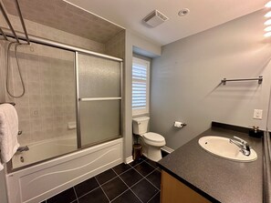 Ein modernes Badezimmer mit einer gläsernen Duschkabine, einer Toilette und einem Waschbecken mit Arbeitsplatte.