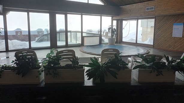 A spacious indoor area with large windows, wooden walls, and several potted plants. - Amplio Departamento con Vistas a la Montaña, ¡con Ski-in y Ski-out ! (Santiago)