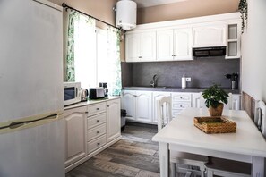 Fridge, microwave, coffee/tea maker, electric kettle