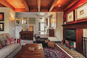 Smart TV, fireplace, books