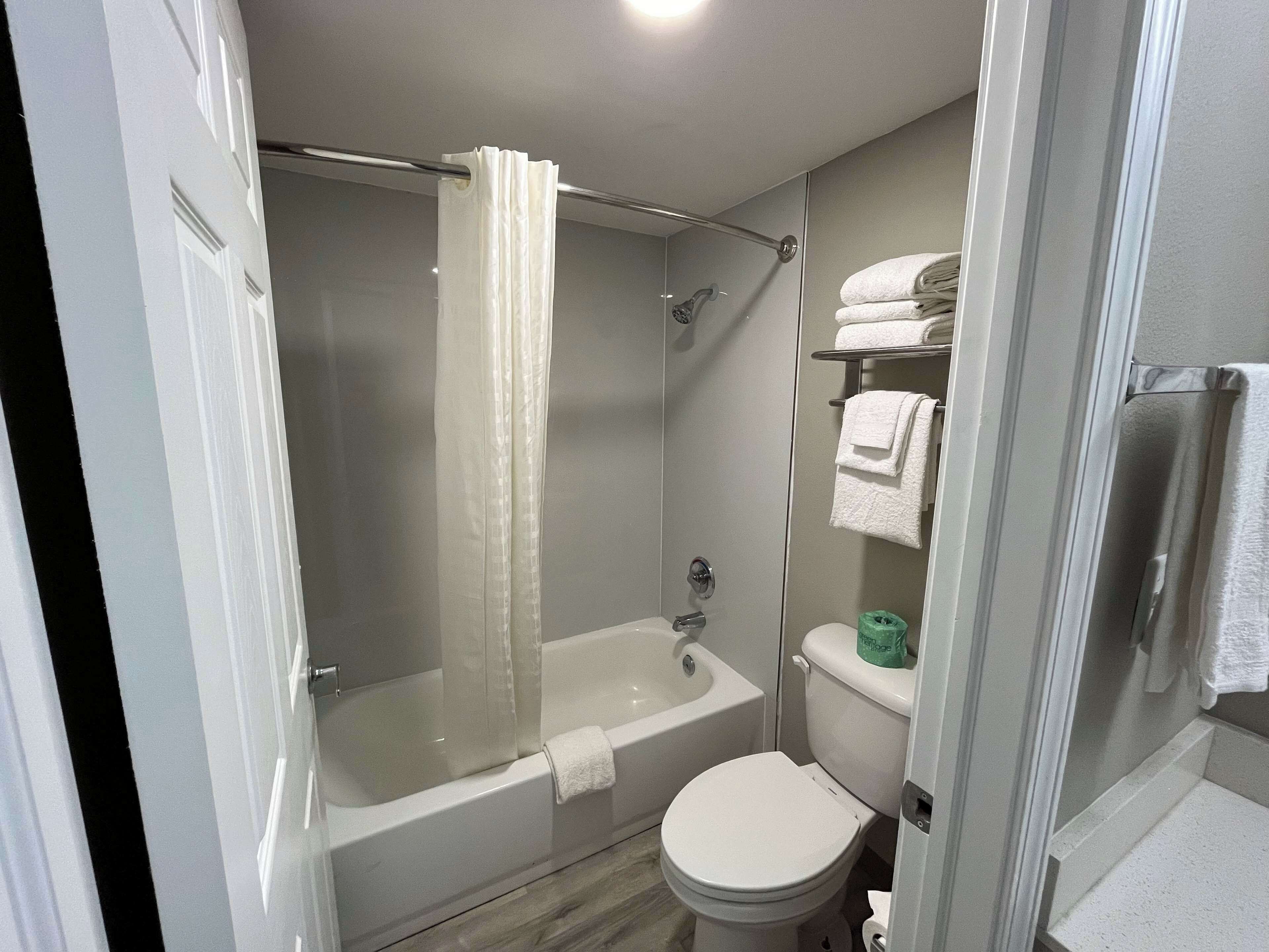 Tina, toallas, jabón, shampoo 