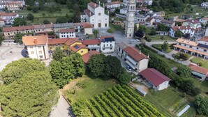 An aerial view of a town with a prominent church, residential buildings, and vineyards. - Vigna degli Angeli (Ragogna)