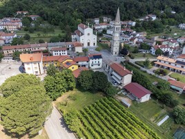 Vista aérea de un pueblo con una iglesia destacada, edificios residenciales y viñedos.