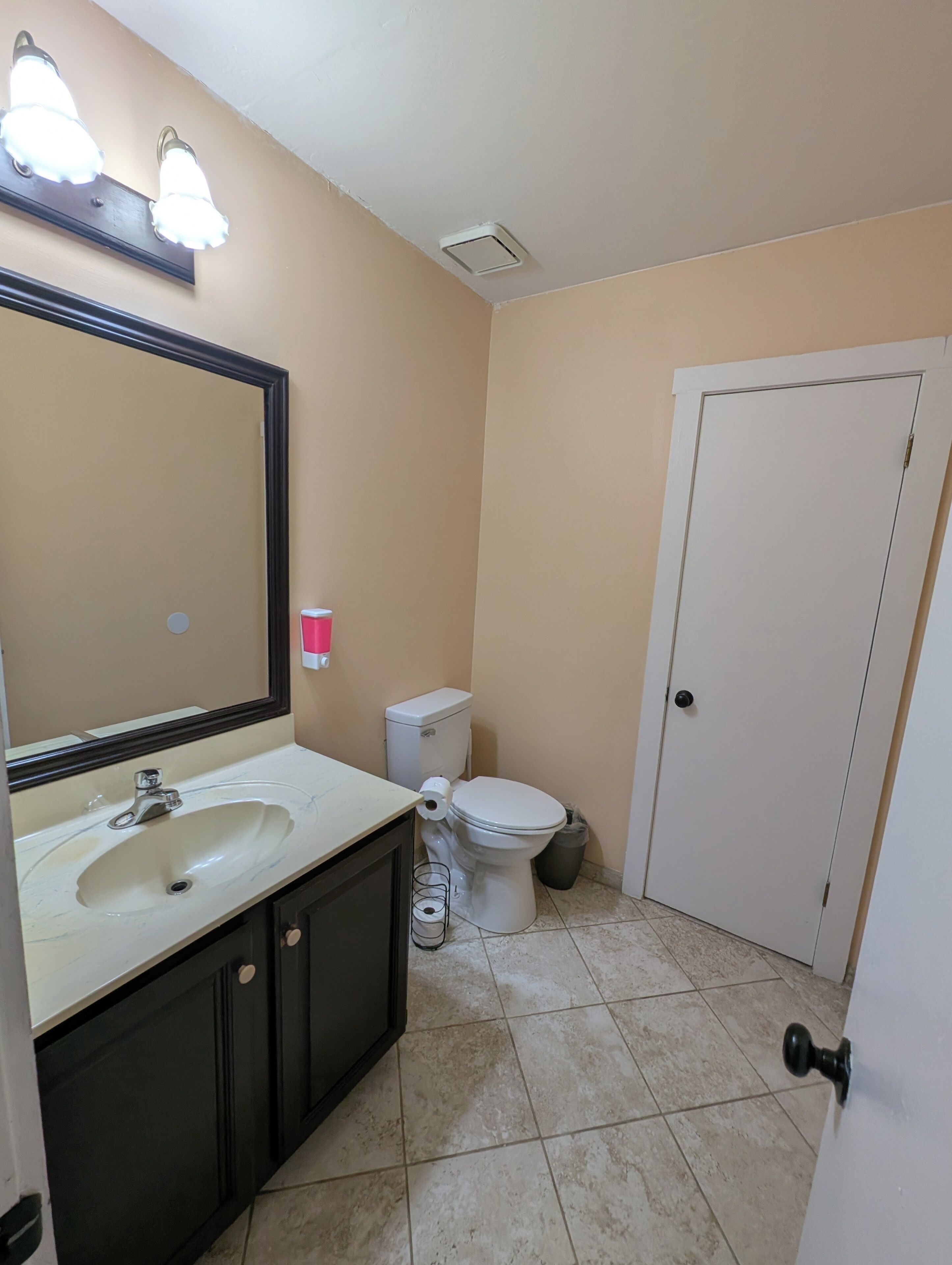 Une salle de bain avec un lavabo, des toilettes et un miroir.