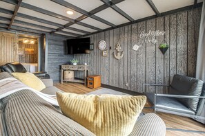 TV, fireplace - Private Hot Tub & Dock: Lakefront Grove Retreat! (Grove)