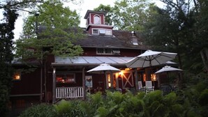 A rustic building with a covered patio area, outdoor seating, and a small tower-like structure on the roof. - Race Brook Lodge  (Sheffield)