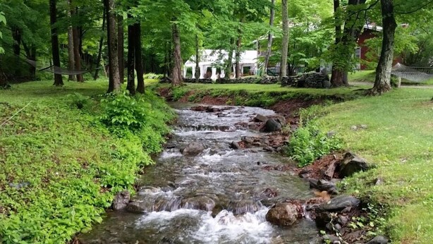 A stream flowing through a wooded area with a stone wall and a building in the background. - Race Brook Lodge  (Sheffield)