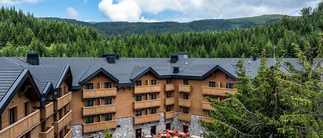 A multi-story lodge with a stone facade and wooden balconies, surrounded by lush forest and mountains.