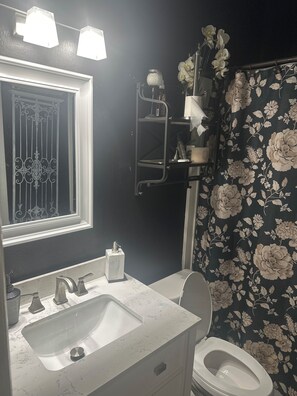 Bathroom features a sink, toilet, and mirror with a decorative frame, along with a shelf for toiletries.