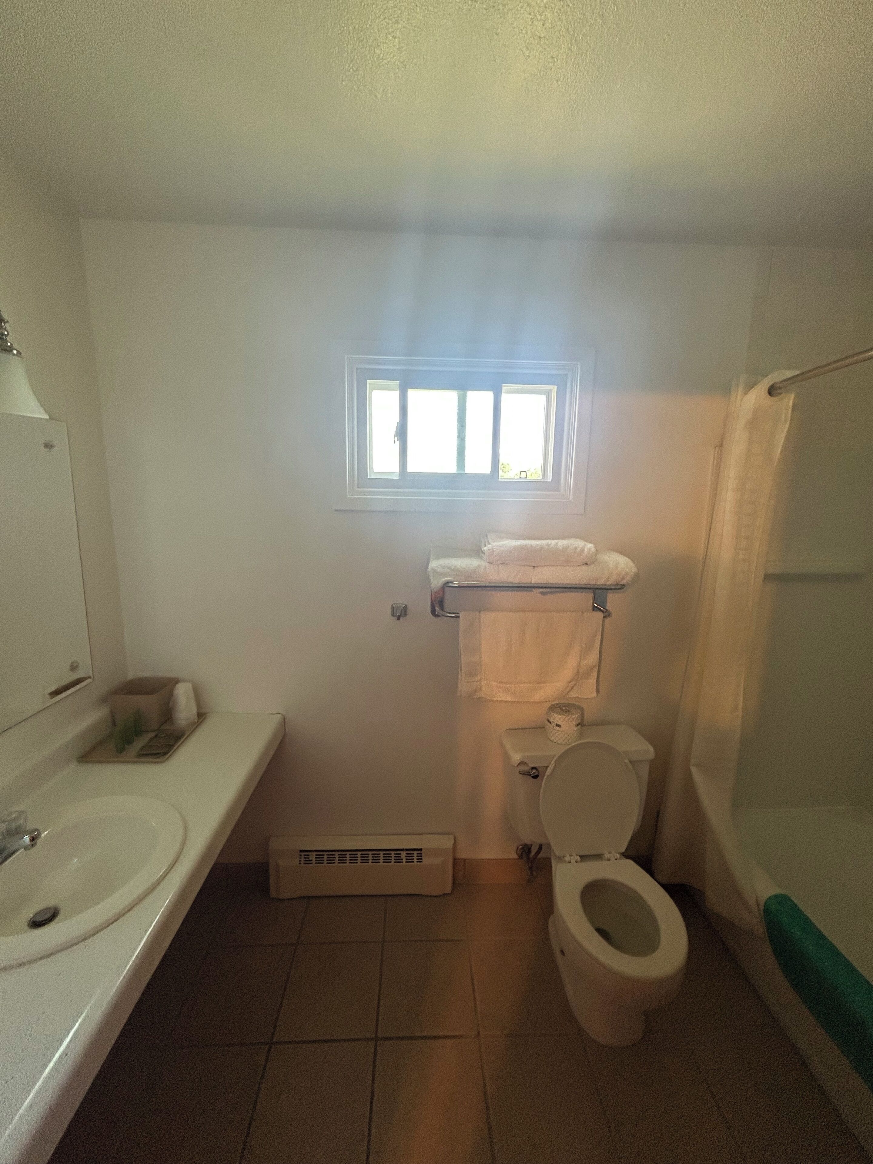 A small bathroom with a toilet, a sink, and a window above the toilet.