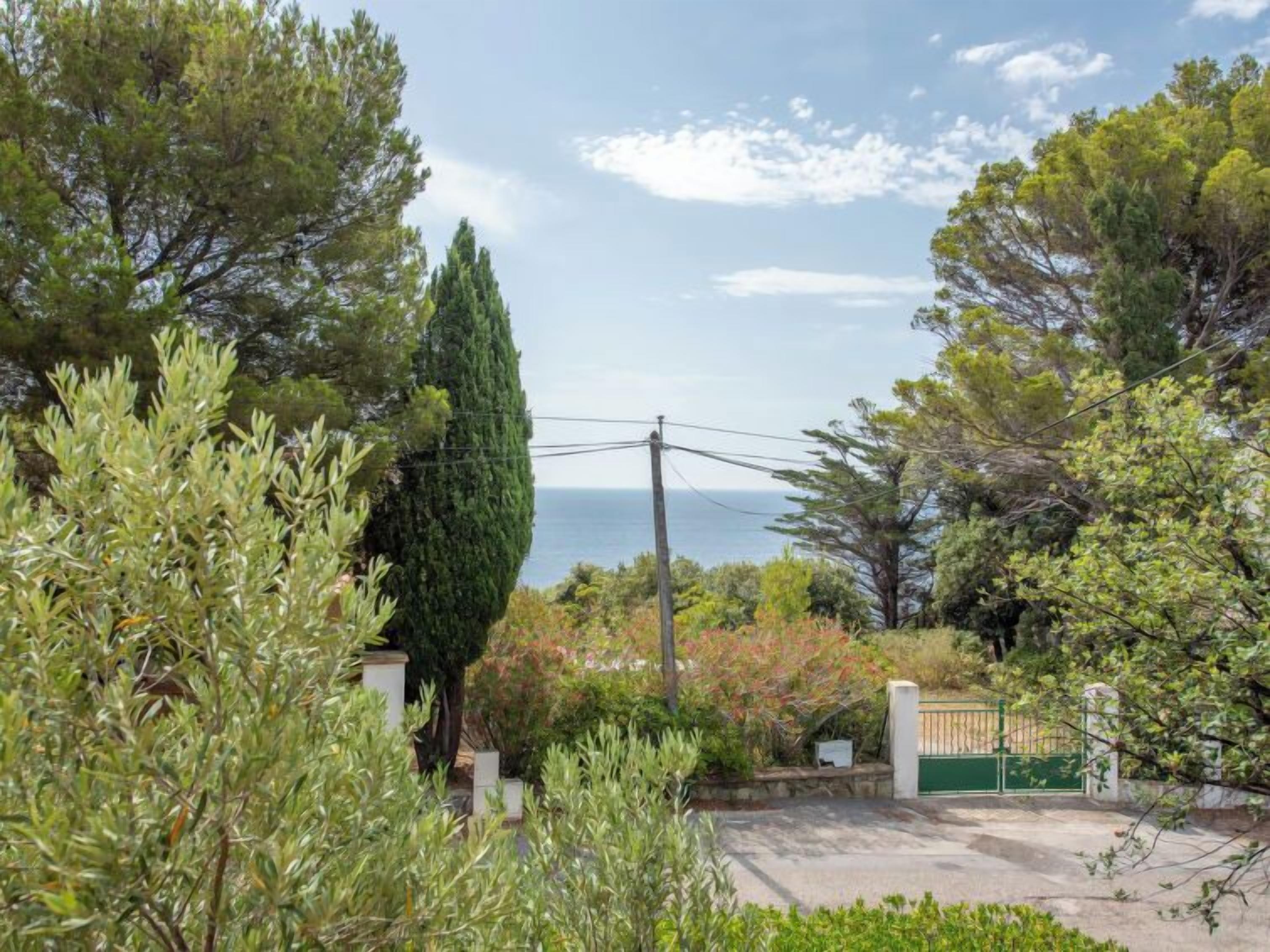 A coastal property with a paved driveway, a green gate, and a view of the sea.