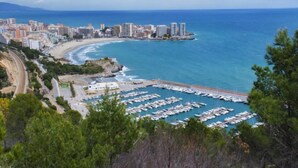 A coastal cityscape with a marina filled with boats, a beach, and high-rise buildings.