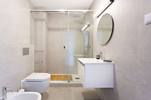 Shower, hair dryer, bidet, towels