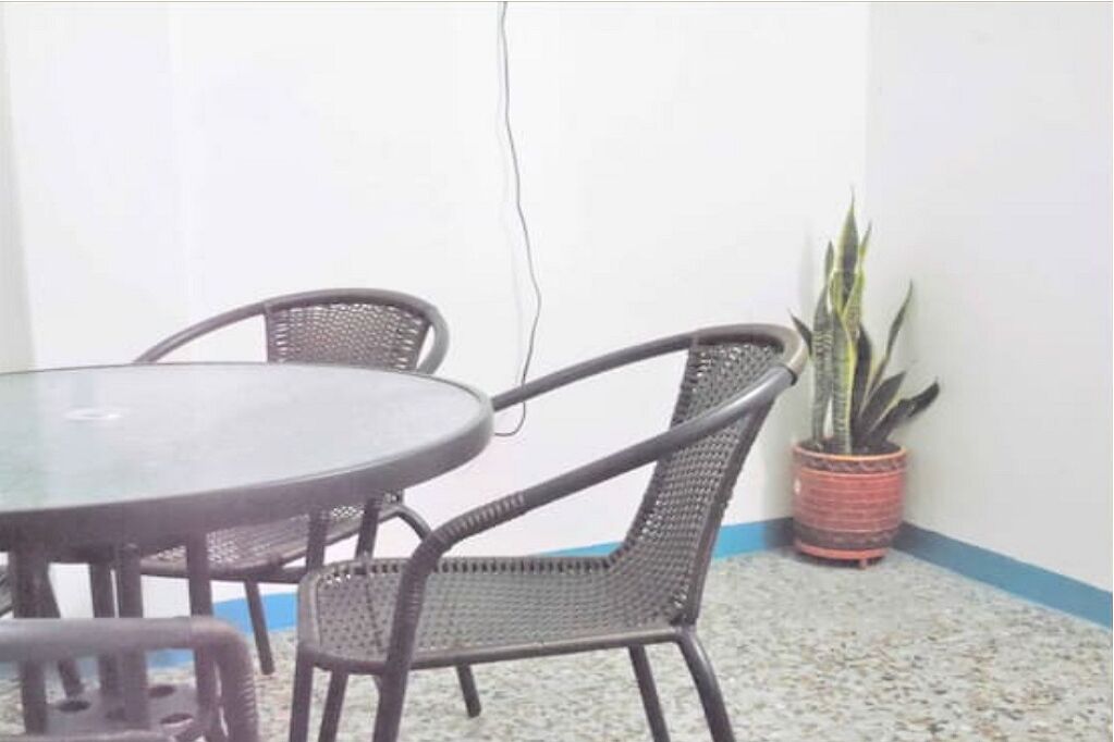 A round table with four wicker chairs, a potted plant, and a white wall with a blue trim.