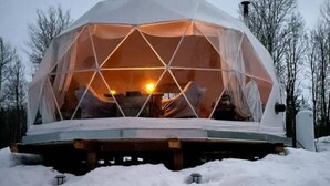 Een geodetische koepelstructuur met een met sneeuw bedekte grond en bomen op de achtergrond.