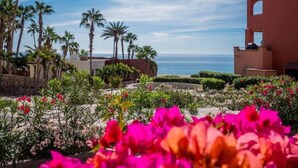 A hotel courtyard with palm trees, a view of the sea, and a building with a red facade.