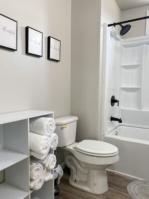 Hair dryer, towels, soap, shampoo