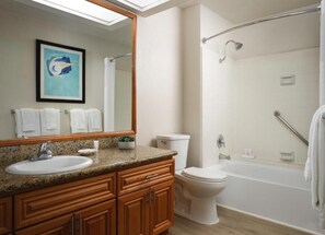 Hair dryer, towels, soap, toilet paper