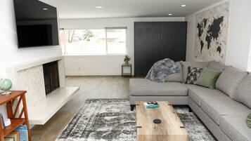 Smart TV, fireplace, books