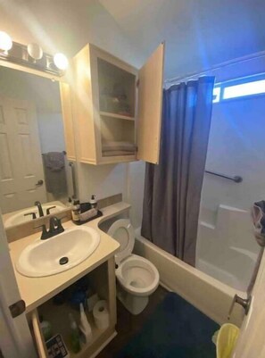 Hair dryer, towels, soap, shampoo