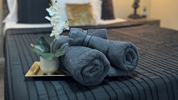 A neatly made bed with a dark striped bedspread, a pair of rolled towels, a small potted plant, and a bedside table with a lamp.