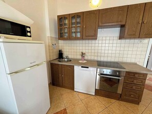 Fridge, stovetop, cookware/dishes/utensils