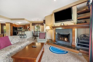 Smart TV, fireplace, DVD player
