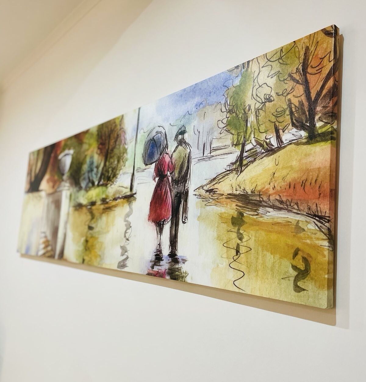 A series of paintings depicting a couple by a lake.
