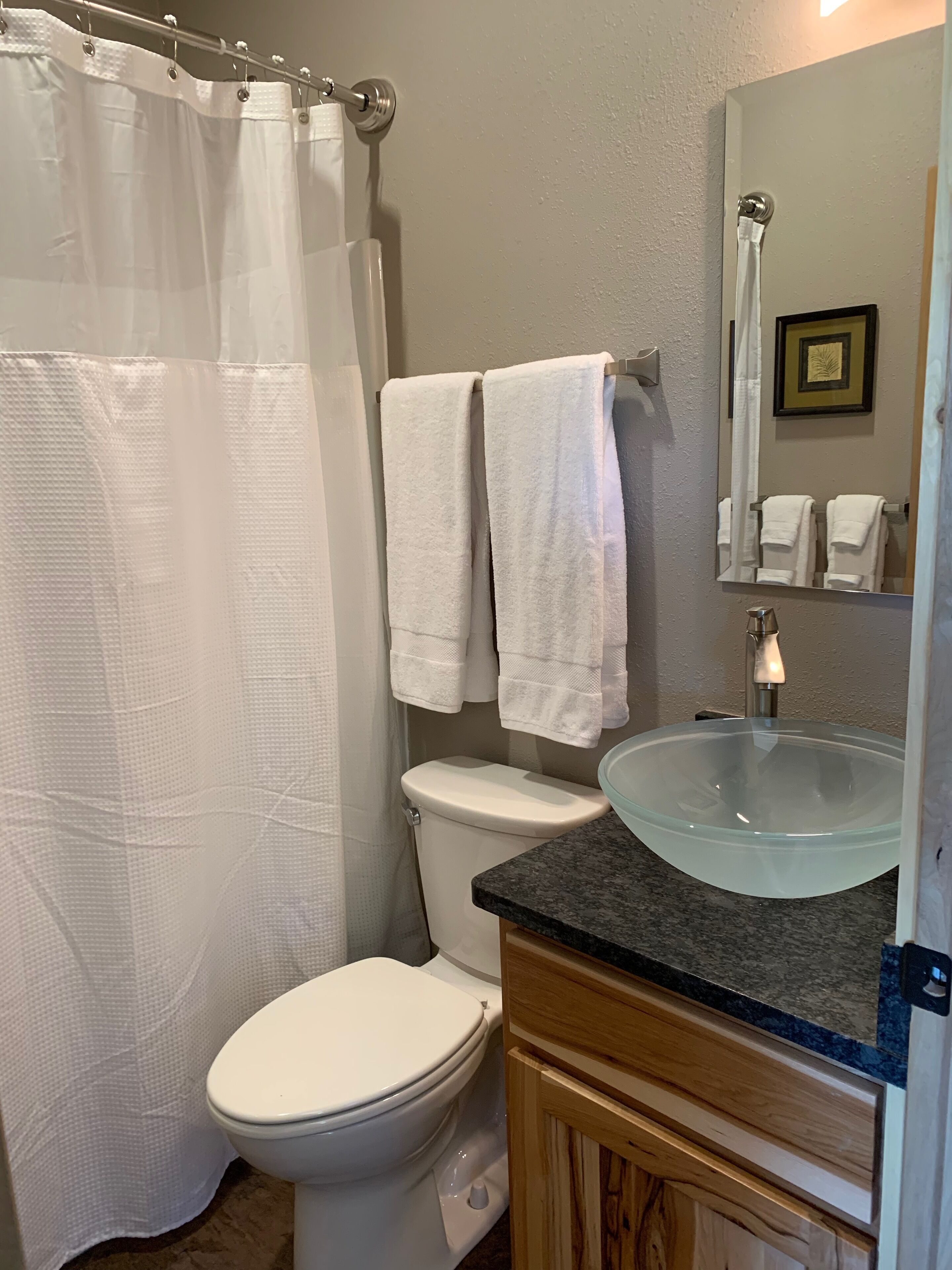 Hair dryer, towels, soap, toilet paper