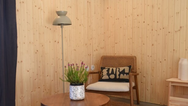 Ein Zimmer mit Holzwandverkleidung, einem runden Holztisch mit einem Blumentopf, einem Korbstuhl mit Kissen und einer Stehlampe.