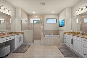 Hair dryer, towels, soap, shampoo