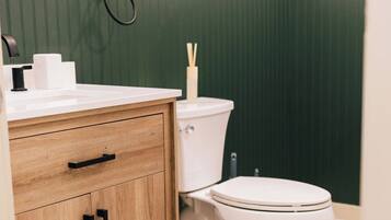 Hair dryer, towels, soap, shampoo