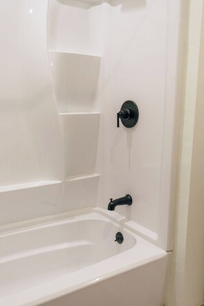 Hair dryer, towels, soap, shampoo