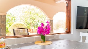 Une cuisine avec une fenêtre donnant sur l’extérieur, un vase rempli de fleurs et une bouteille de liquide vaisselle.