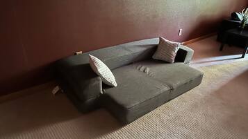 A modern living room with a grey sofa, two patterned pillows, a small side table, and a potted plant.