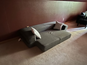 A modern living room with a grey sofa, two patterned pillows, a small side table, and a potted plant.