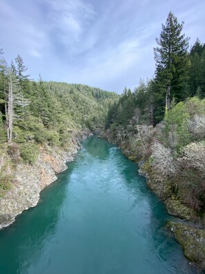 A river flowing through a forested valley with rocky banks and dense trees.