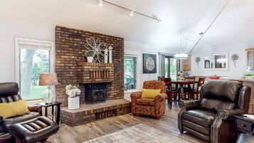 TV, fireplace, video library