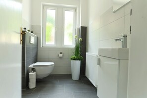 Een haardroger, handdoeken, zeep, shampoo