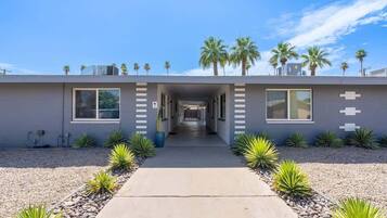 A modern building with a central corridor, palm trees on the roof, and a gravel pathway.