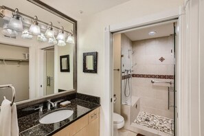 Hair dryer, towels, soap, shampoo
