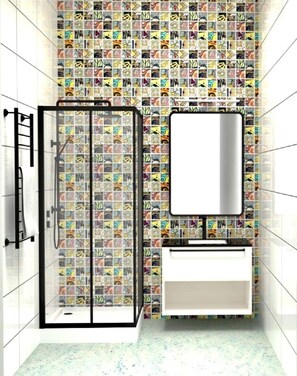 Shower, jetted tub, hair dryer, bidet