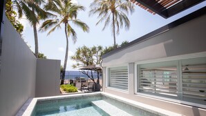 A modern outdoor swimming pool with clear blue water, surrounded by a white wall and palm trees. - 71 Hastings Street - Beachfront (Noosa Heads)